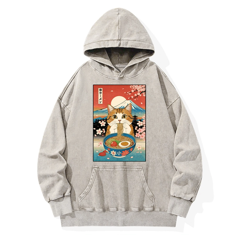 Tokyo-Tiger Funny Orange Cat Eating Ramen Japan Washed Hoodie