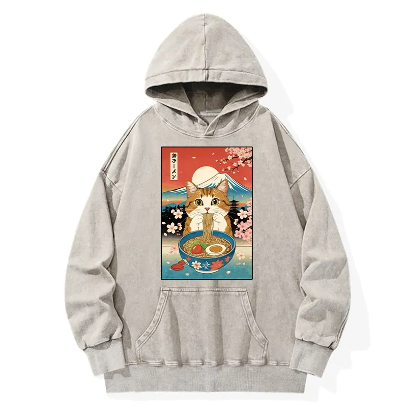 Tokyo-Tiger Funny Orange Cat Eating Ramen Japan Washed Hoodie Sale