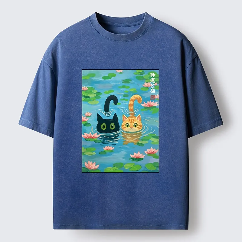 Tokyo-Tiger Cats In The Lotus Pond Washed T-Shirt