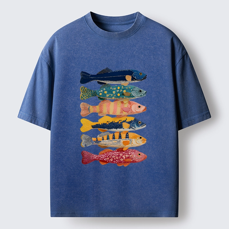 Tokyo-Tiger Colorful Fish Art Collection Washed T-Shirt