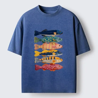 Tokyo-Tiger Colorful Fish Art Collection Washed T-Shirt