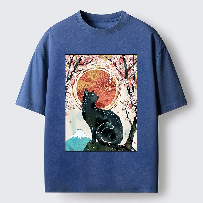 Tokyo-Tiger Black Cat Sakura Washed T-Shirt