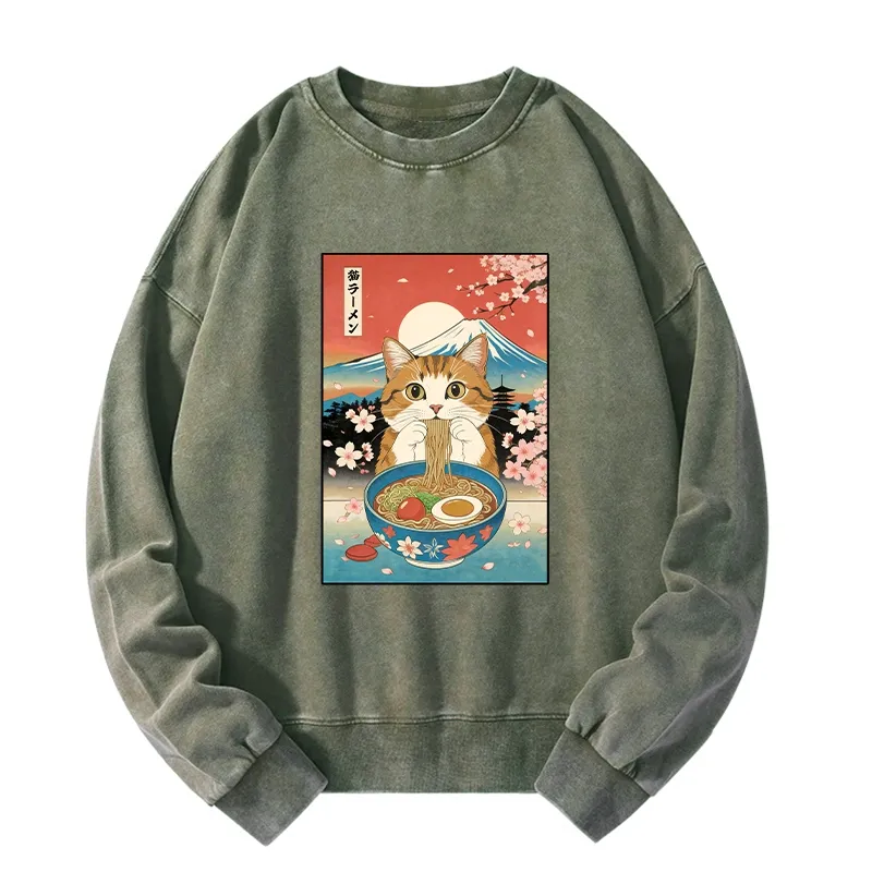 Tokyo-Tiger Funny Orange Cat Eating Ramen Japan Washed Sweatshirt
