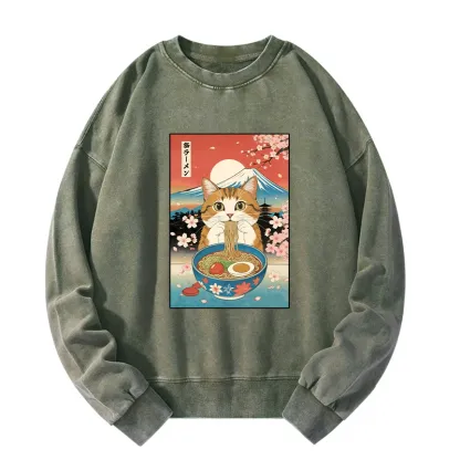 Tokyo-Tiger Funny Orange Cat Eating Ramen Japan Washed Sweatshirt