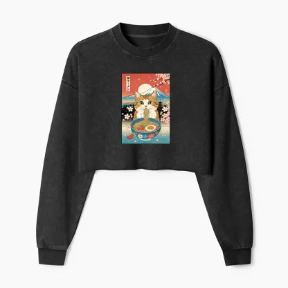 Tokyo-Tiger Funny Orange Cat Eating Ramen Japan Washed Crop Sweatshirt