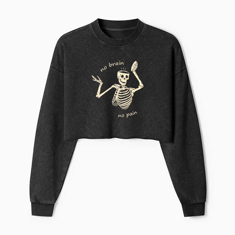 Tokyo-Tiger Skeletons Feel No Pain Washed Crop Sweatshirt