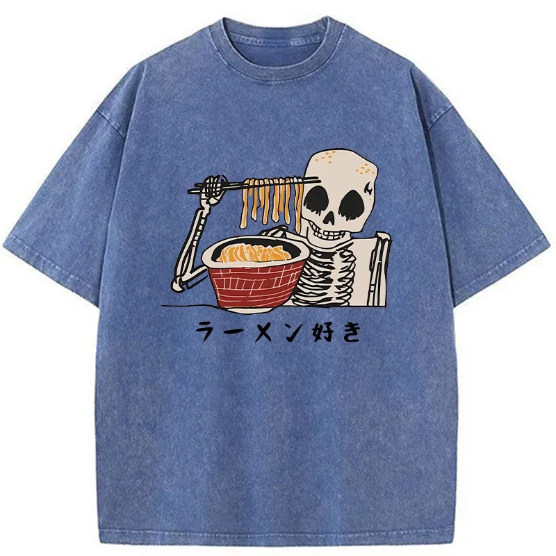 Tokyo-Tiger Skeleton Eating Ramen Washed T-Shirt