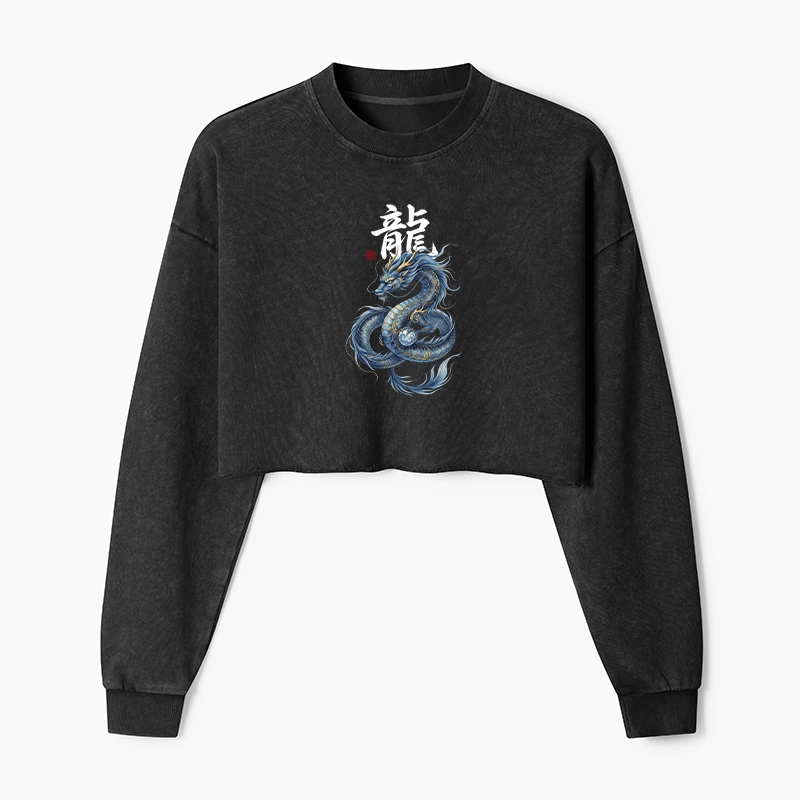 Tokyo-Tiger Mythic Blue Dragon Washed Crop Sweatshirt