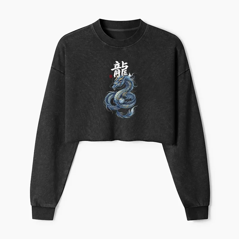 Tokyo-Tiger Mythic Blue Dragon Washed Crop Sweatshirt
