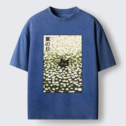 Tokyo-Tiger Summer Day Daisies Black Cat Washed T-Shirt