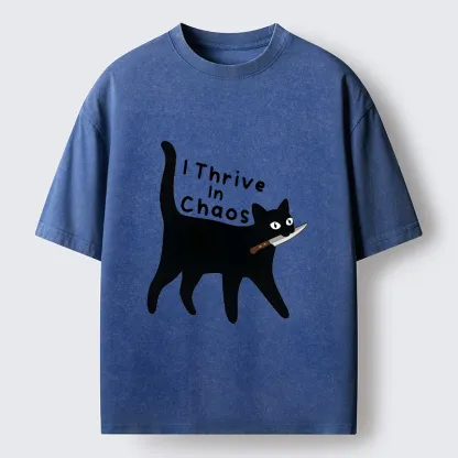 Tokyo-Tiger Chaotic Black Cat With Knife Washed T-Shirt