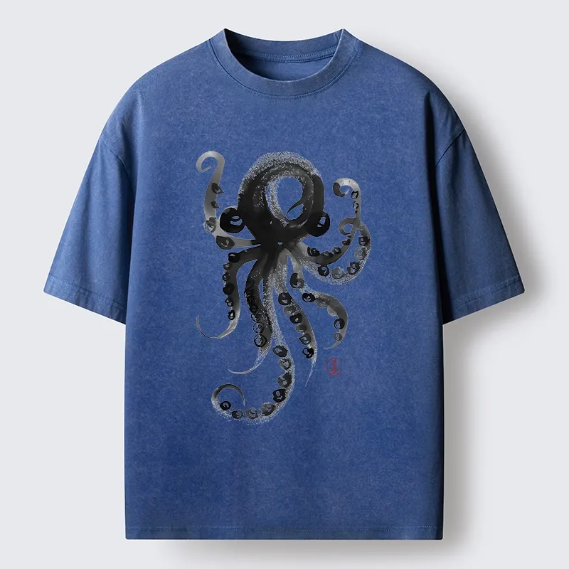 Tokyo-Tiger Japanese Ink Octopus Art Washed T-Shirt