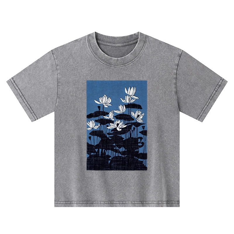 Tokyo-Tiger Blue Lotus Japanese Art Kids Washed T-Shirt