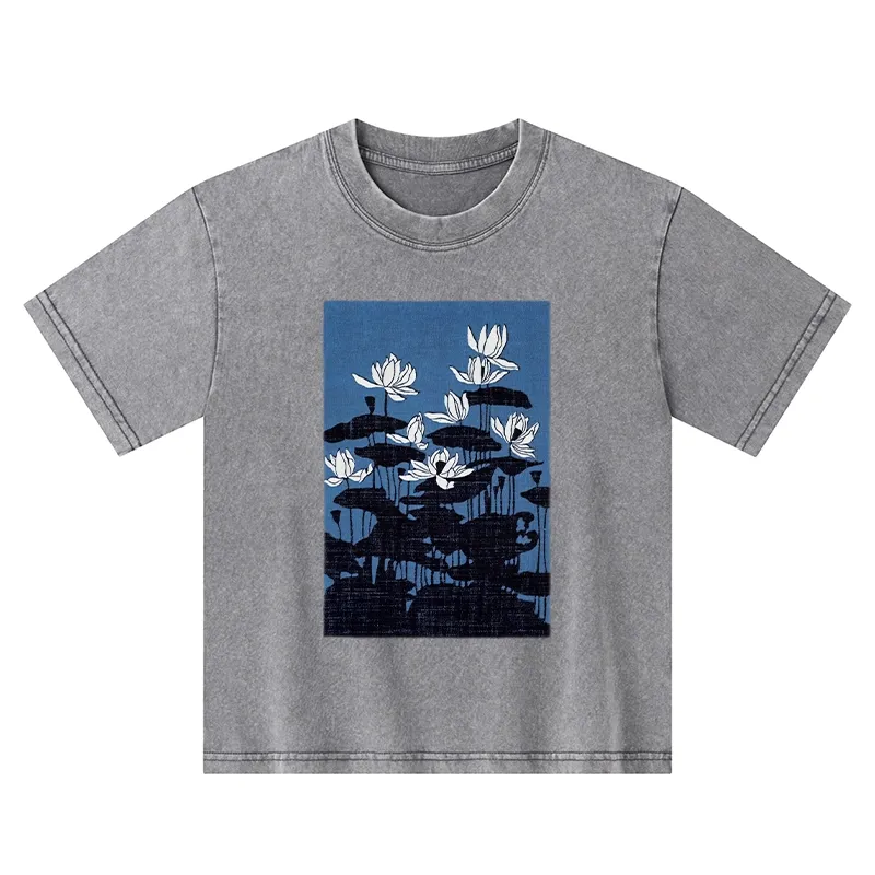 Tokyo-Tiger Blue Lotus Japanese Art Kids Washed T-Shirt