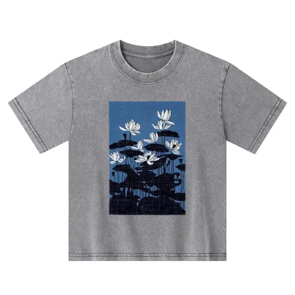 Tokyo-Tiger Blue Lotus Japanese Art Kids Washed T-Shirt