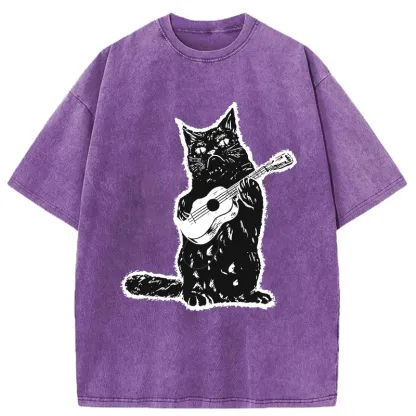 Tokyo-Tiger Cat Playing Guitar Washed T-Shirt