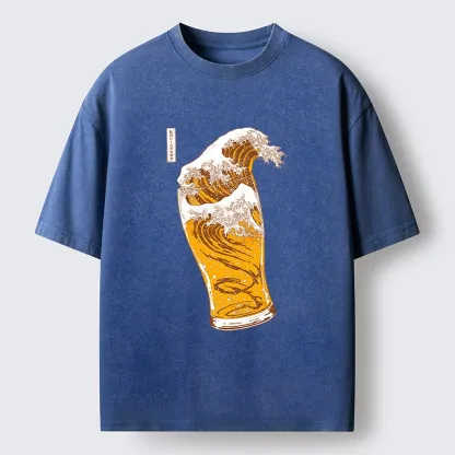 Tokyo-Tiger Great Beer Wave Print Washed T-Shirt