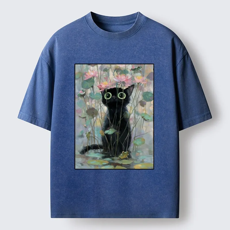 Tokyo-Tiger Black Cat In The Lotus Pond Washed T-Shirt