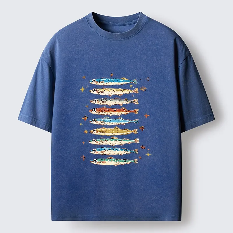 Tokyo-Tiger Colorful Fish Family Art Washed T-Shirt