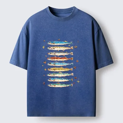 Tokyo-Tiger Colorful Fish Family Art Washed T-Shirt