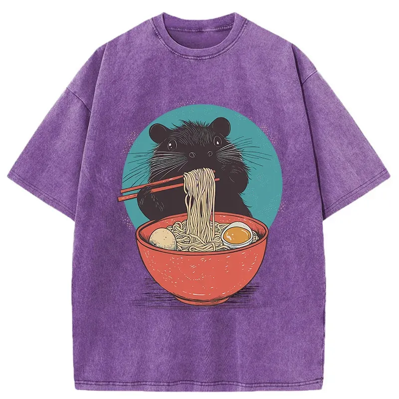 Tokyo-Tiger Hamster Eating Ramen Washed T-Shirt