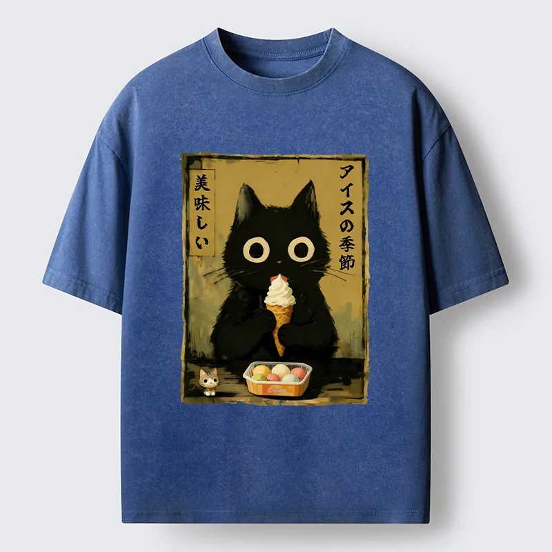 Tokyo-Tiger Black Cat Loves Ice Cream Washed T-Shirt