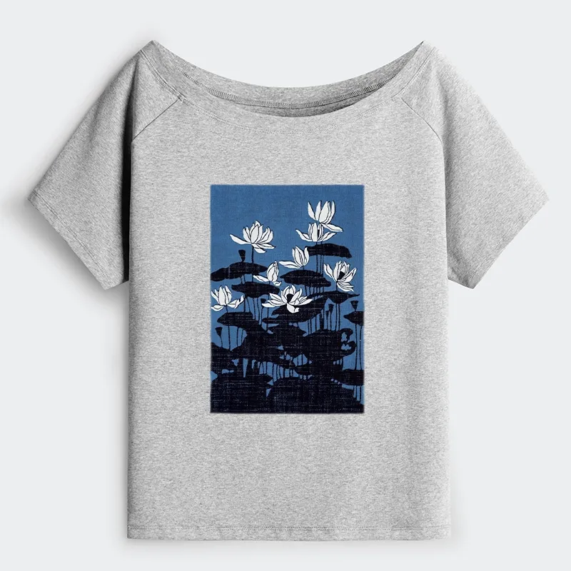 Tokyo-Tiger Blue Lotus Japanese Art Off Shoulder T-Shirt