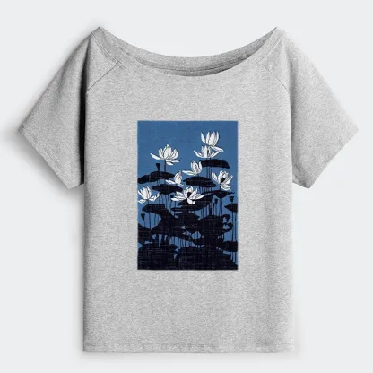 Tokyo-Tiger Blue Lotus Japanese Art Off Shoulder T-Shirt