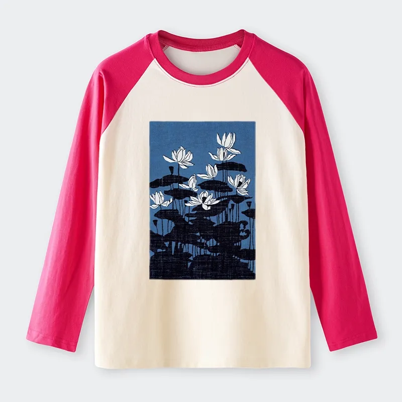 Tokyo-Tiger Blue Lotus Japanese Art Raglan Long Sleeve T-shirt Sale