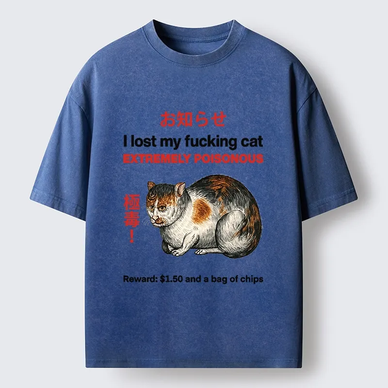 Tokyo-Tiger Funny Missing Cat Reward Washed T-Shirt