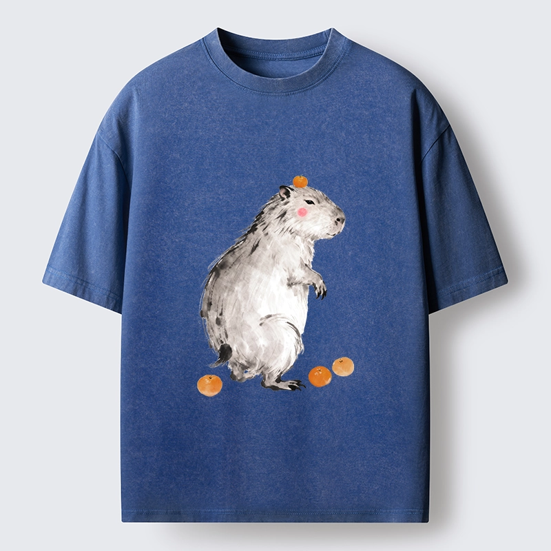 Tokyo-Tiger Orange On Capybara Funny Washed T-Shirt