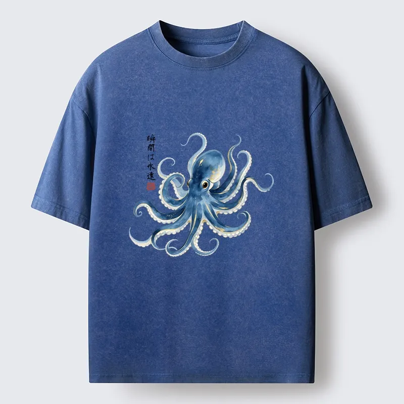 Tokyo-Tiger Stylish Blue Octopus Japanese Washed T-Shirt