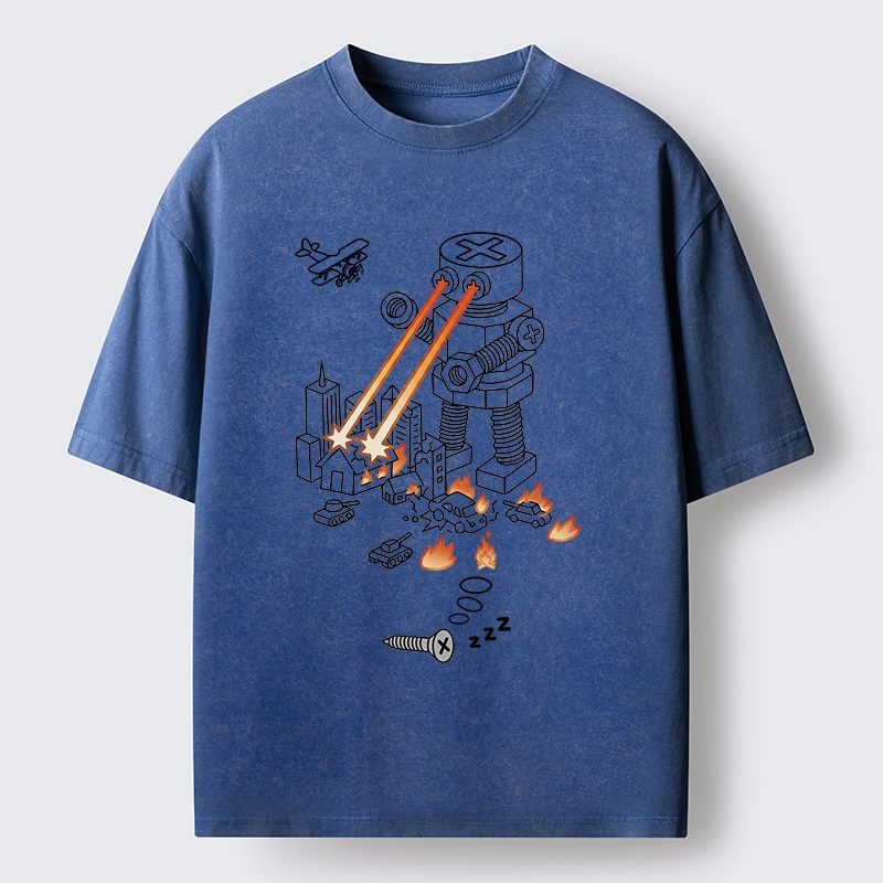 Tokyo-Tiger Funny Screw Robot Destroying City Washed T-Shirt