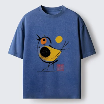 Tokyo-Tiger Aesthetic Yellow And Black Bird Washed T-Shirt