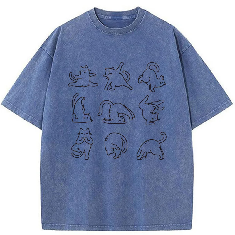 Tokyo-Tiger Cat Pose Yoga Washed T-Shirt