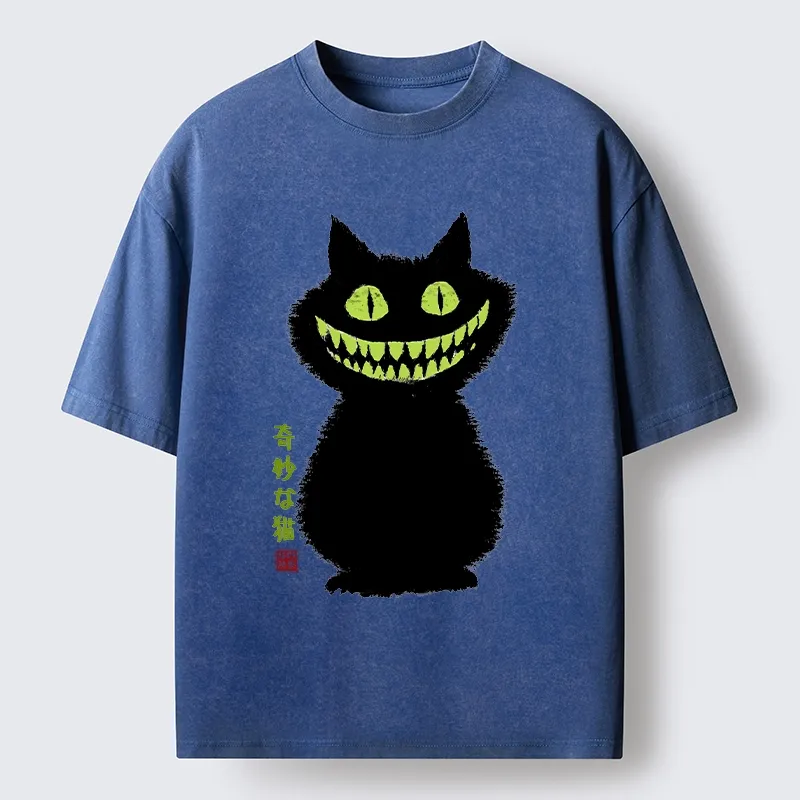 Tokyo-Tiger Spooky Black Cat With Green Teeth Washed T-Shirt