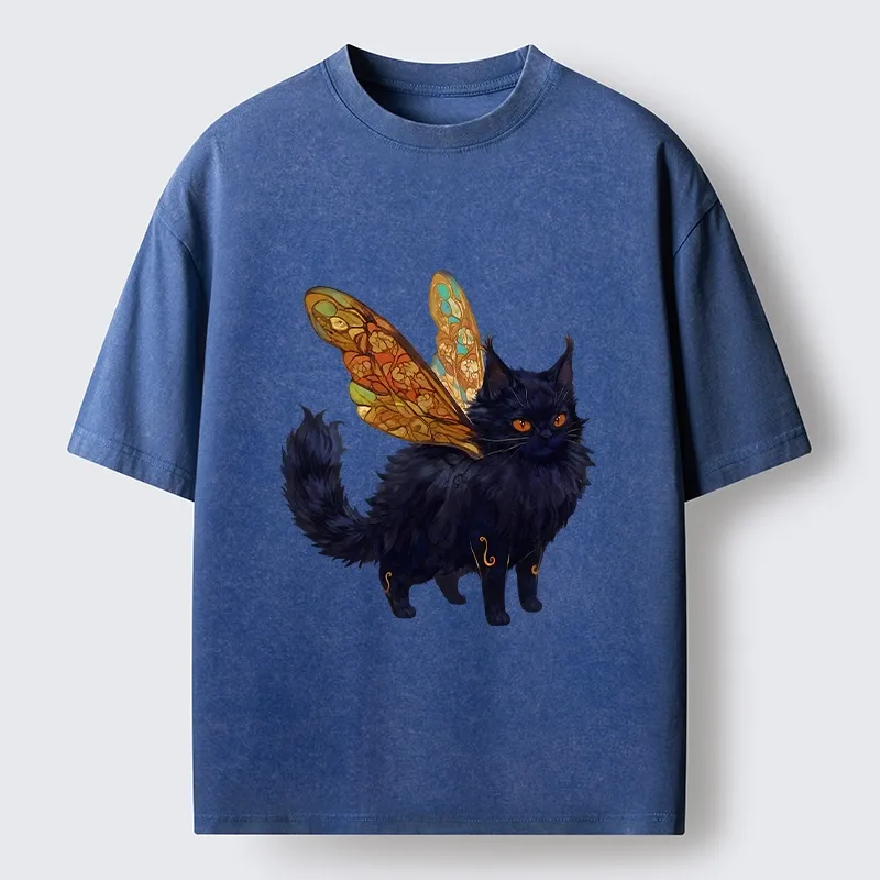 Tokyo-Tiger Funny Fairy Black Cat Art Washed T-Shirt