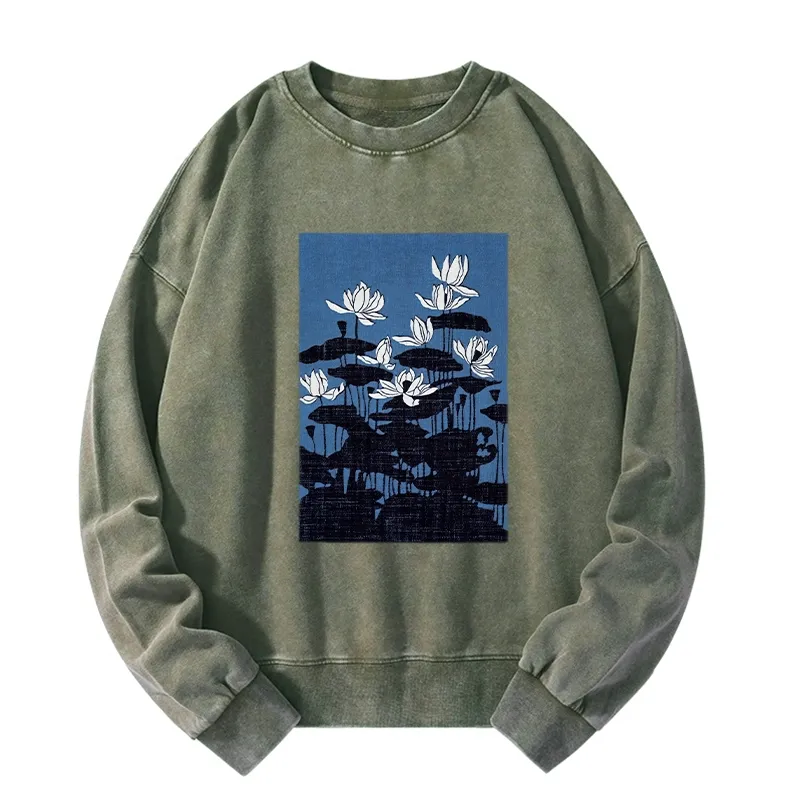 Tokyo-Tiger Blue Lotus Japanese Art Washed Sweatshirt