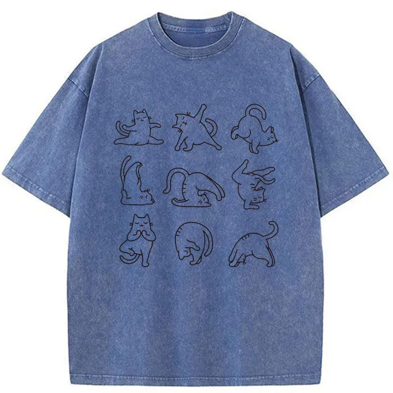 Tokyo-Tiger Cat Pose Yoga Washed T-Shirt