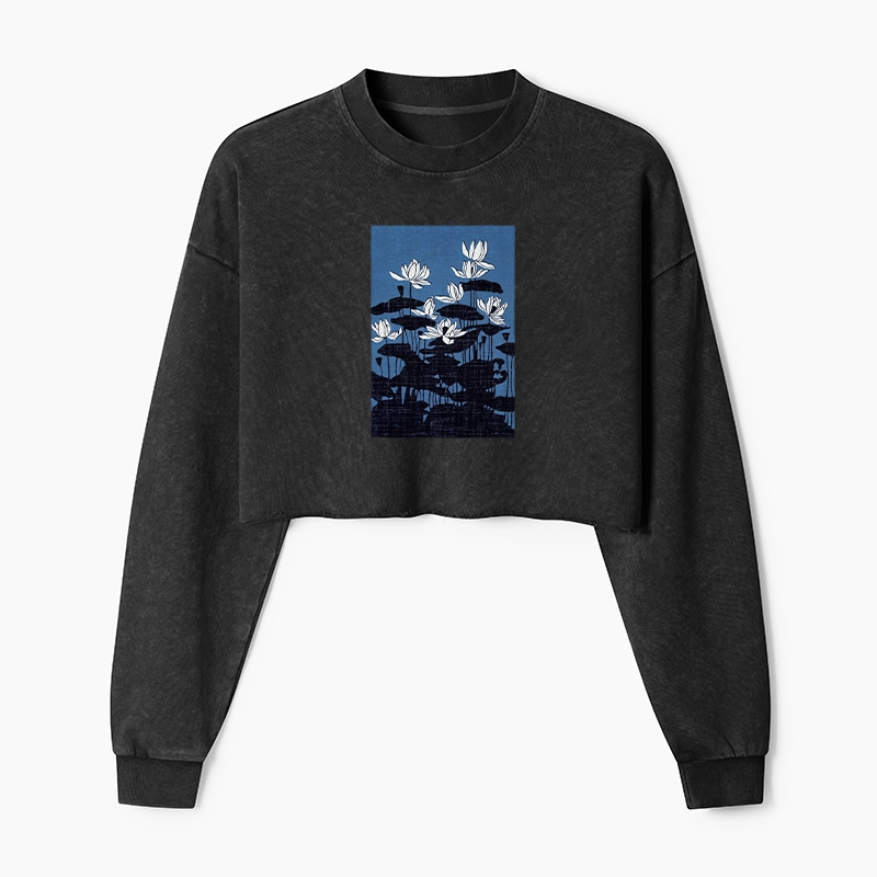 Tokyo-Tiger Blue Lotus Japanese Art Washed Crop Sweatshirt