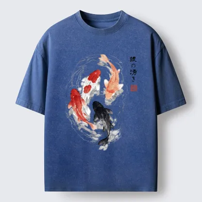 Tokyo-Tiger Koi Fish Flow In Traditional Ink Style Washed T-Shirt