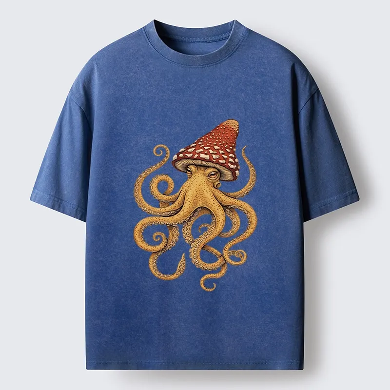 Tokyo-Tiger Mushroom Octopus Fantasy Art Washed T-Shirt