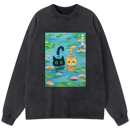 Tokyo-Tiger Cats In The Lotus Pond Long Sleeve T-Shirt