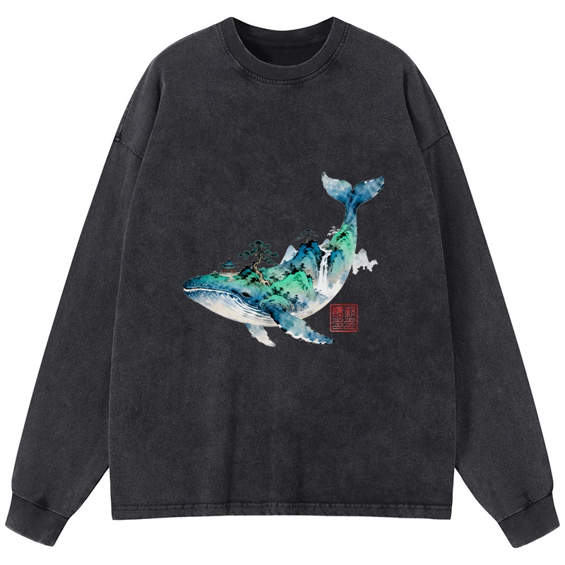 Tokyo-Tiger Whale Ink Painting Landscape Washed Long Sleeve T-Shirt