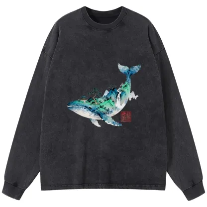 Tokyo-Tiger Whale Ink Painting Landscape Washed Long Sleeve T-Shirt