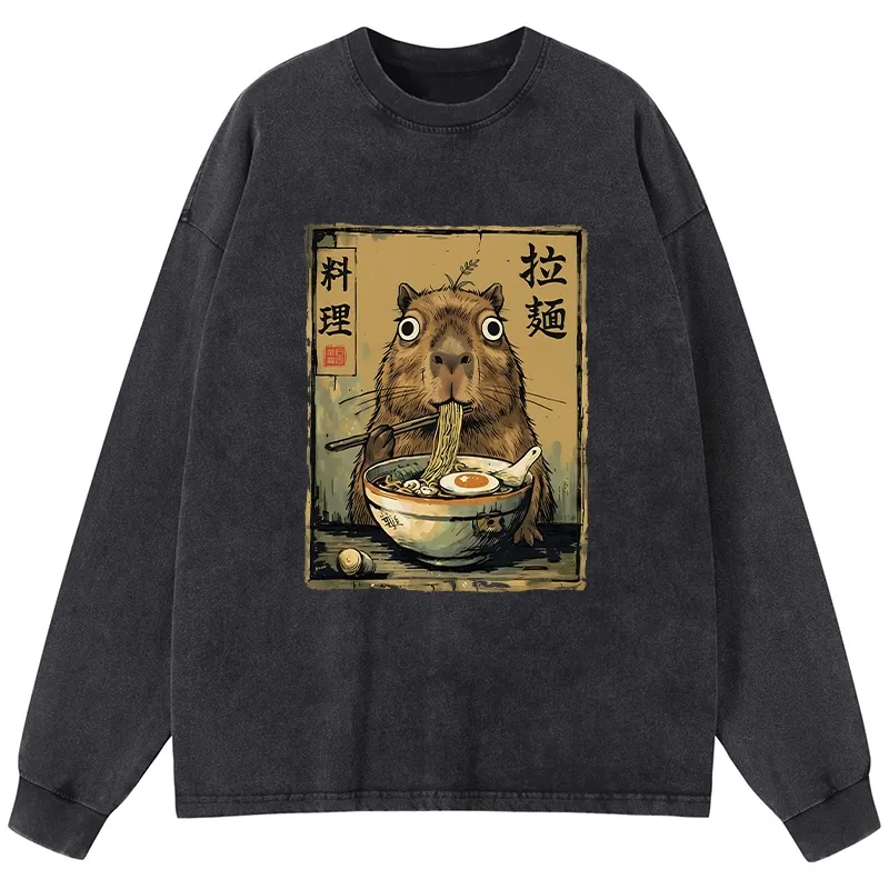 Tokyo-Tiger Cute Capybara Eating Ramen Washed Long Sleeve T-Shirt Sale