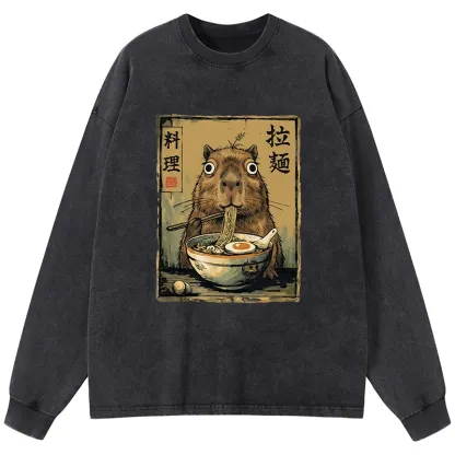 Tokyo-Tiger Cute Capybara Eating Ramen Washed Long Sleeve T-Shirt