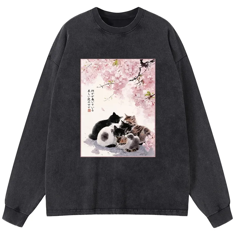 Tokyo-Tiger Cute Cats Sakura Garden Washed Long Sleeve T-Shirt Sale