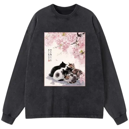 Tokyo-Tiger Cute Cats Sakura Garden Washed Long Sleeve T-Shirt