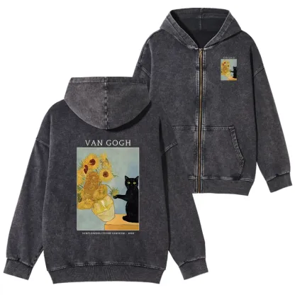 Tokyo-Tiger Black Cat With Sunflowers Washed Zip Hoodie